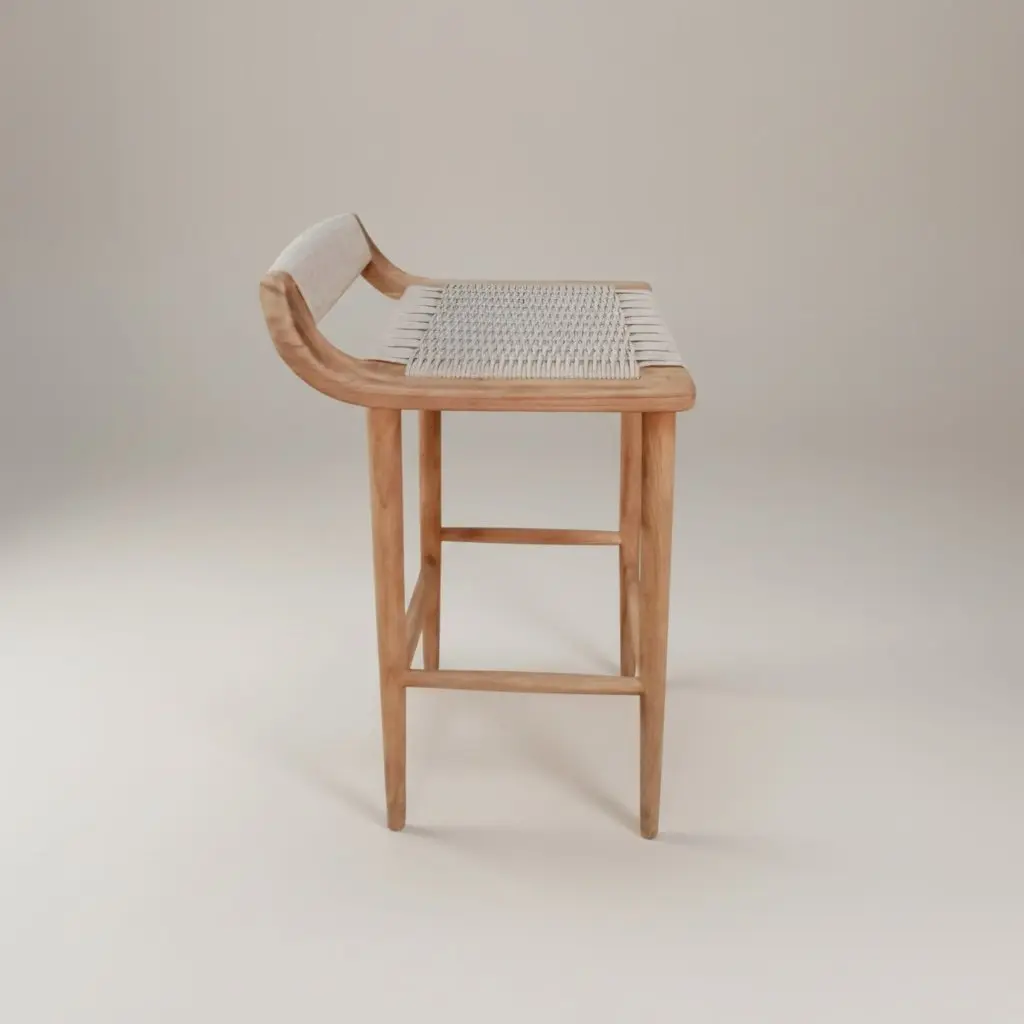 Dewi, tabouret de bar en teck recyclé, assise et dossier tressés