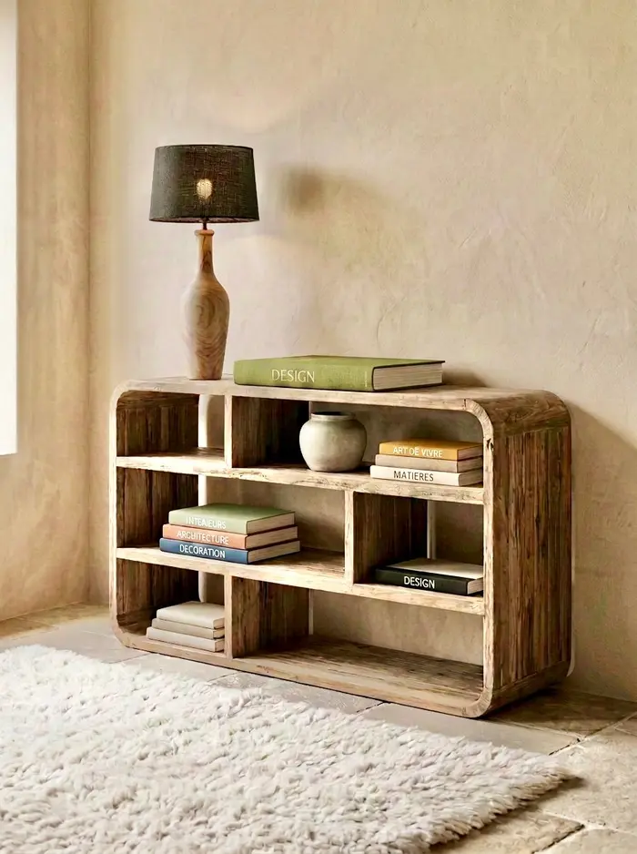 Pekat, open reclaimed teak console with rounded corners and niches on two levels