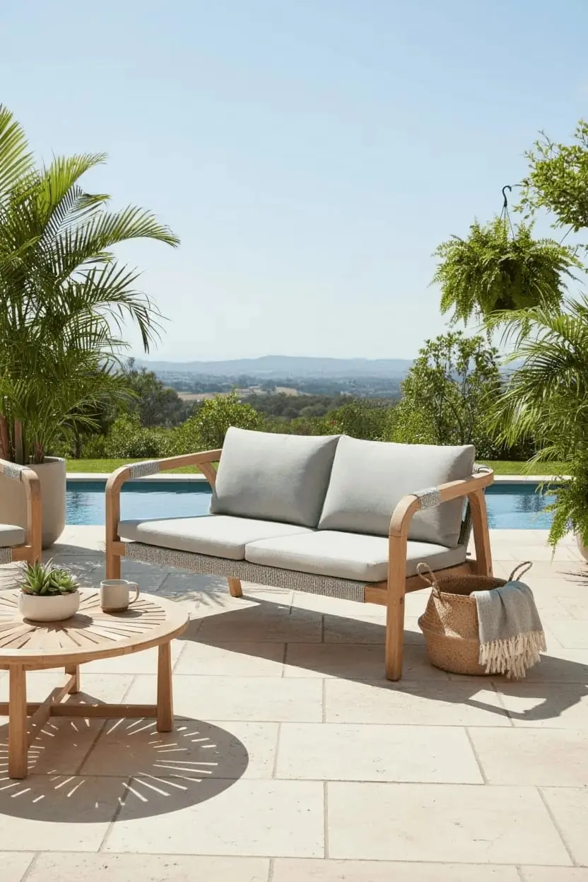 Nara, au bord de la piscine, avec sa table basse