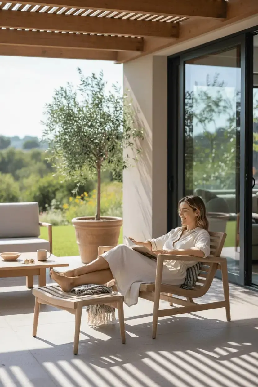 Satriya, sous une pergola, face au jardin
