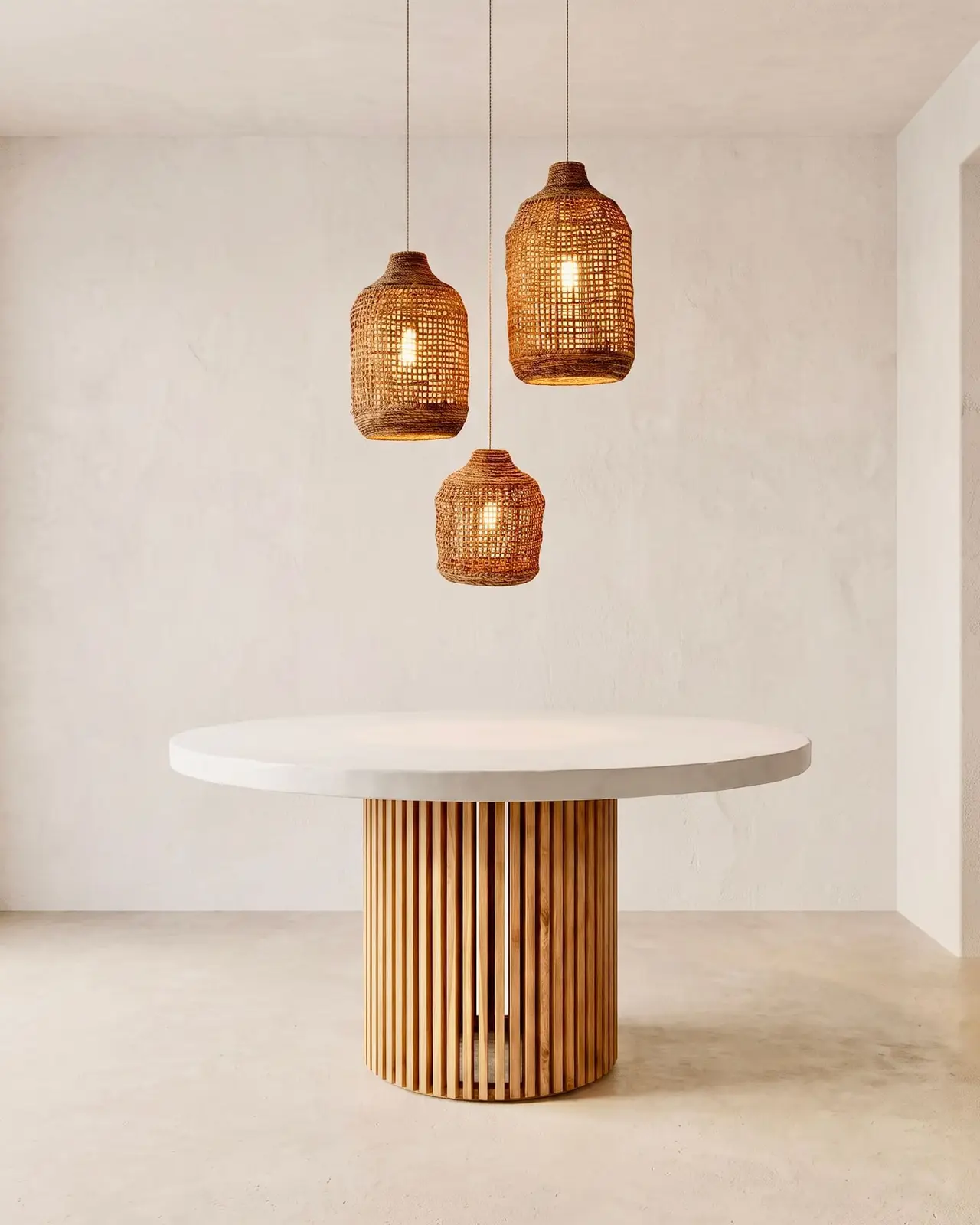 The Segara round table, pale top and slatted teak base, beneath three rattan pendants