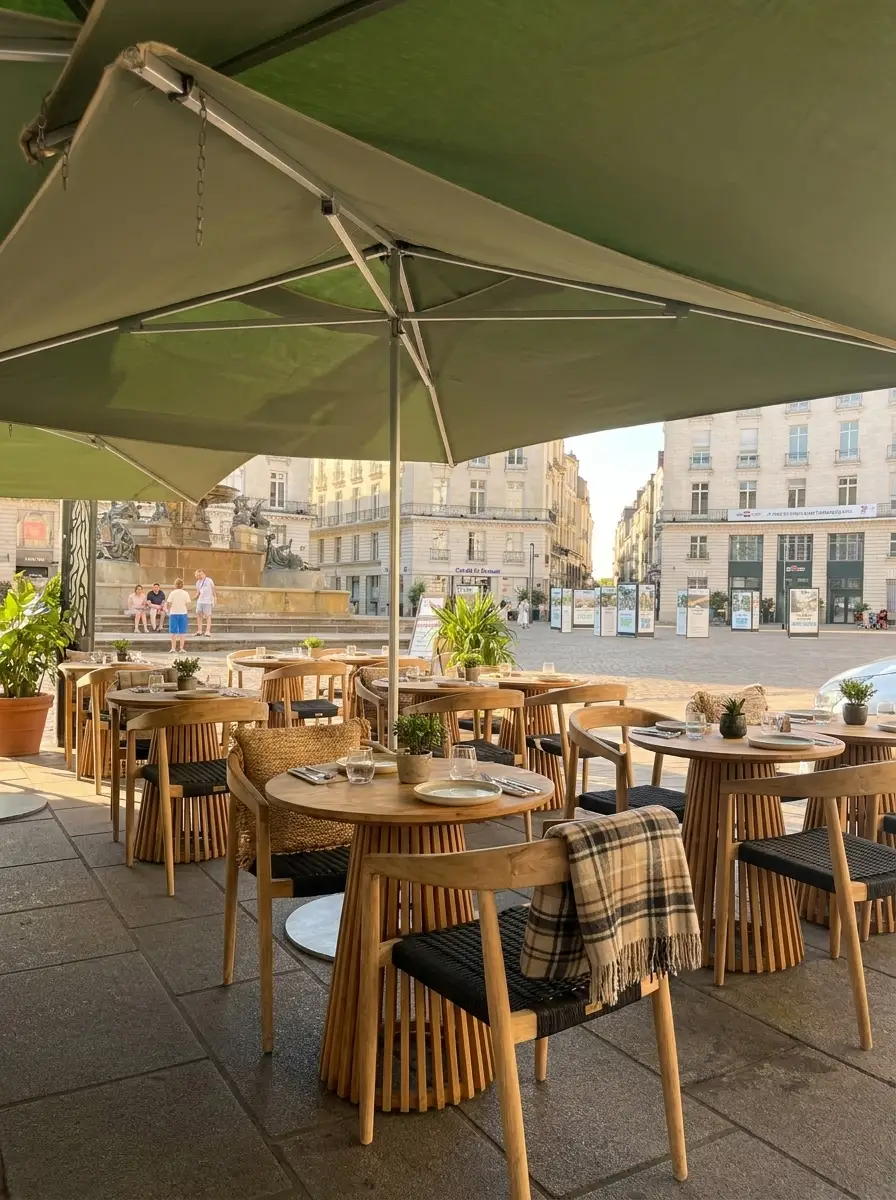 Terrasse de café sous des parasols verts, tables rondes et chaises en teck